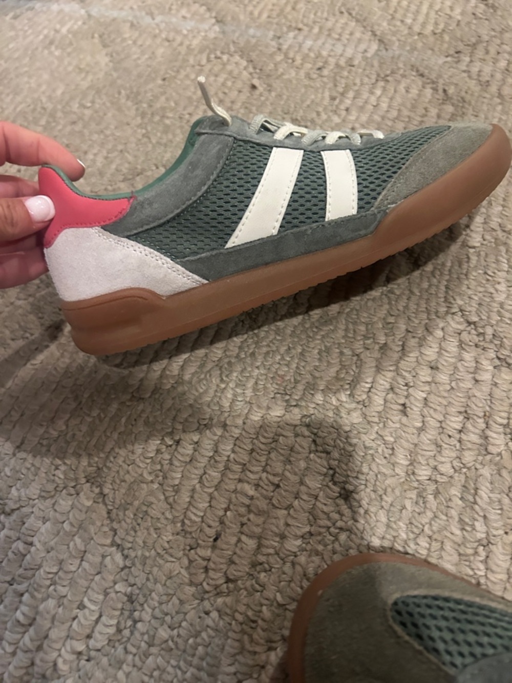 Steve Madden Olive Mesh & Suede Sneakers with Gum Sole and Pink Heel - Picture 9 of 10